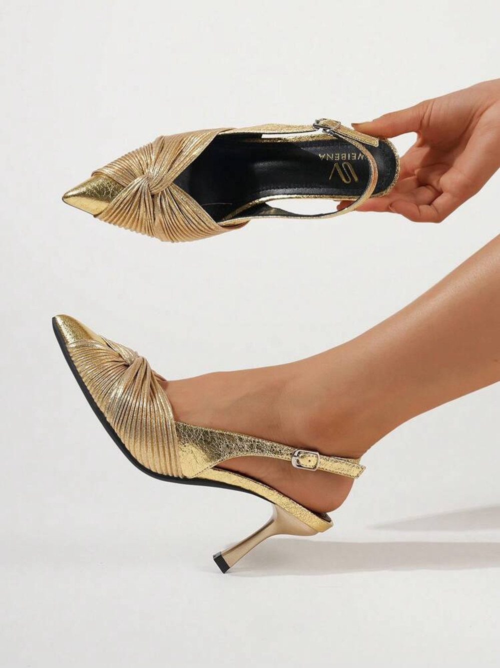 SHEIN Gold Pointed Toe Slingback Heels with Knotted Pleats
